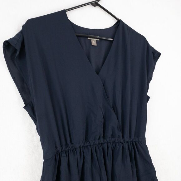 J. Crew Point Sur Dress Womens 8 Navy Blue V Neck Ruffle Short Sleeve - Picture 2 of 12